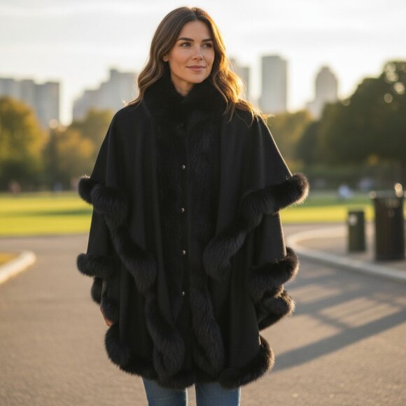 Designer Bloomingdales Black Wool & Fox Fur Trim Snap Front Cape Coat M/L - Picture 12 of 14